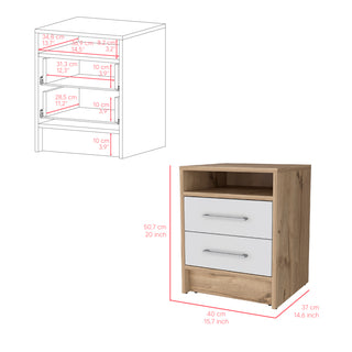 Sunvega Smokey Oak and White Finish Nightstand with Two Drawers and Open Shelf