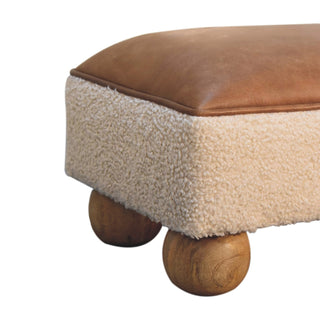 Sunvega Vintage Leather Boucle Upholstered Footstool with Solid Mango Wood Ball Feet