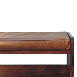 Sunvega Solid Mango Wood Chestnut Finish Bench with Brown Leather Seat Pad