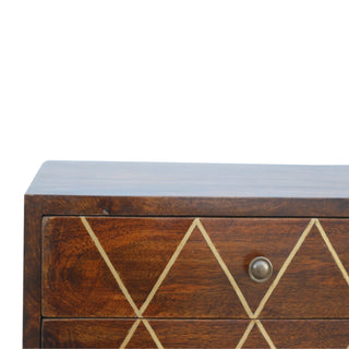Sunvega Gold and Brown Geo Brass Inlay Bedside Table with Nordic Legs and 2 Drawers