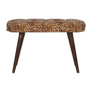 Sunvega Solid Wood Leopard Print Deep Button Upholstered Bench in Brown