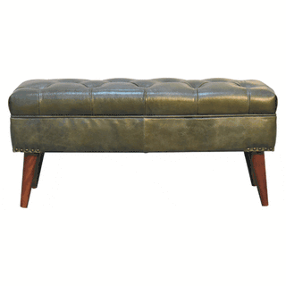 Sunvega Modern Green Leather Upholstered Bench with Solid Mango Wood Legs