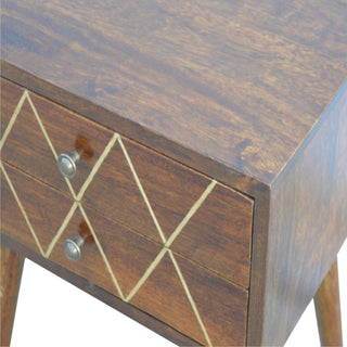 Sunvega Gold and Brown Geo Brass Inlay Bedside Table with Nordic Legs and 2 Drawers