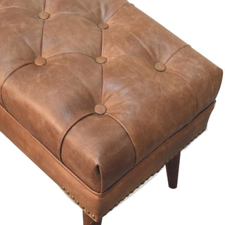 Sunvega Solid Mango Wood Brown Buffalo Leather Upholstered Bench with Deep Button