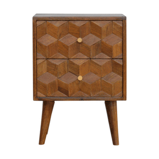 Sunvega Chestnut Cube Carved Nightstand with Nordic Legs and 2 Drawers