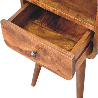 Sunvega Chestnut Brown Solid Wood Mini Curve Bedside with Drawer and Open Slot