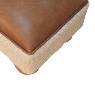 Sunvega Vintage Leather Boucle Upholstered Footstool with Solid Mango Wood Ball Feet
