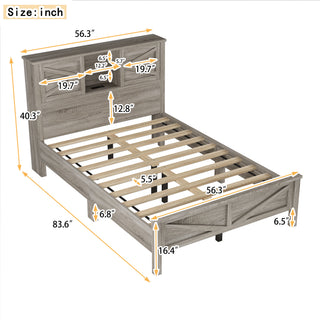 Sunvega Full Size Farmhouse Platform Bed with Double Sliding Barn Door and Charging Station