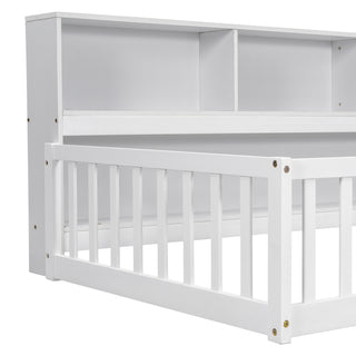 Sunvega Twin Floor Bed with Bedside Bookcase Guardrails and Shelves in Grey