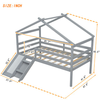 Sunvega Twin Low Loft House Bed with Slide Ladder Safety Guardrails and Roof Frame