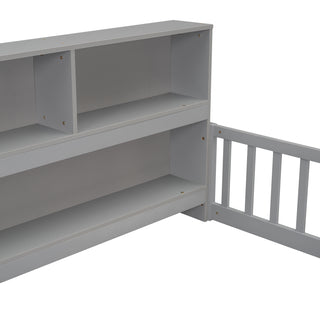 Sunvega Twin Floor Bed with Bedside Bookcase Guardrails and Shelves in Grey