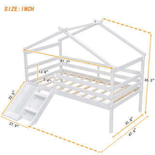 Sunvega Twin Low Loft House Bed with Slide Ladder Safety Guardrails and Roof Frame