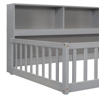 Sunvega Twin Floor Bed with Bedside Bookcase Guardrails and Shelves in Grey