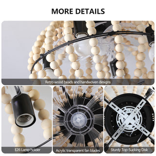 Sunvega 18" Bohemian Wood Beaded Ceiling Fan Light with Silent DC Motor