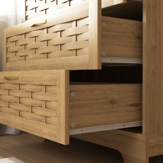 Sunvega Mid-Century Wood Storage Cabinet with 3 Woven Doors and Adjustable Shelf