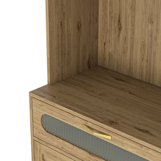 Sunvega Mid-Century Wood Storage Cabinet with 3 Woven Doors and Adjustable Shelf