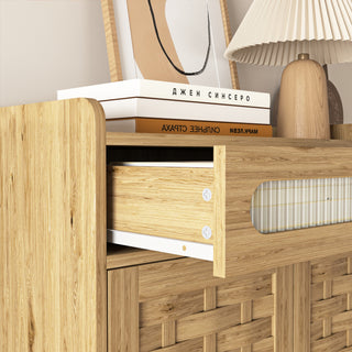 Sunvega Mid-Century Wood Storage Cabinet with 3 Woven Doors and Adjustable Shelf