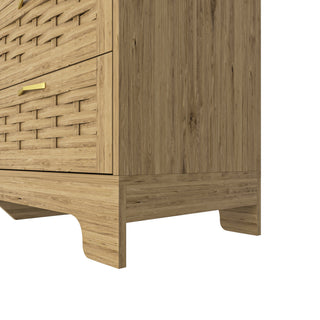 Sunvega Mid-Century Wood Storage Cabinet with 3 Woven Doors and Adjustable Shelf