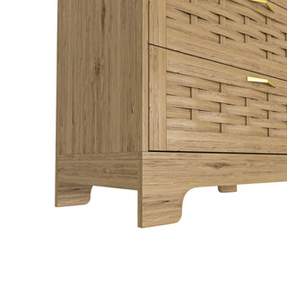 Sunvega Mid-Century Wood Storage Cabinet with 3 Woven Doors and Adjustable Shelf