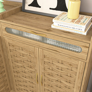 Sunvega Mid-Century Wood Storage Cabinet with 3 Woven Doors and Adjustable Shelf