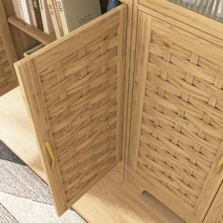 Sunvega Mid-Century Wood Storage Cabinet with 3 Woven Doors and Adjustable Shelf