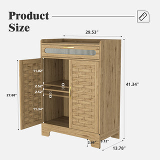 Sunvega Mid-Century Wood Storage Cabinet with 3 Woven Doors and Adjustable Shelf