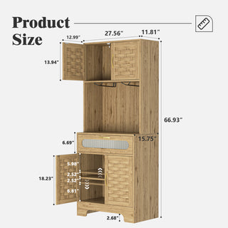 Sunvega Mid-Century Wood Storage Cabinet with 3 Woven Doors and Adjustable Shelf