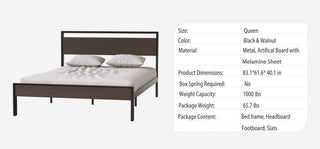 Sunvega Black Metal Bed with Walnut Wood Headboard and Footboard for Queen Size