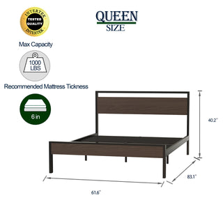Sunvega Black Metal Bed with Walnut Wood Headboard and Footboard for Queen Size