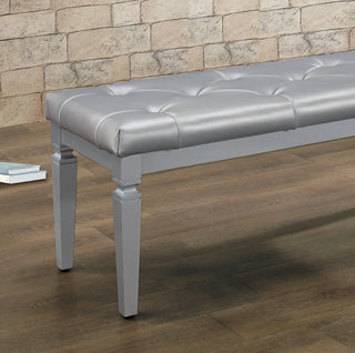 Sunvega Silver Finish Tufted Bench with Foam Cushioned Faux Leather Upholstery