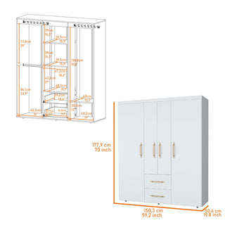 Sunvega White 2-Door Armoire with Hanging Rods Shelves and Drawers for Bedroom