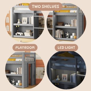 Sunvega Low Loft Bed With Two-Tier Shelves LED Light And Guardrail For Kids
