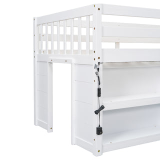 Sunvega Low Loft Bed With Two-Tier Shelves LED Light And Guardrail For Kids