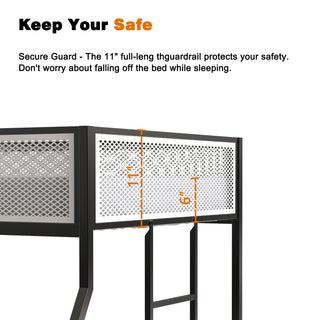 Sunvega Twin Over Full Metal Bunk Bed with Mesh Guard Rail and Stable Ladder