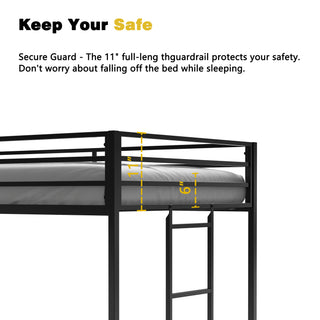 Sunvega Sturdy Metal Loft Bed Frame with Guardrails and Ladder for Kids Bedroom