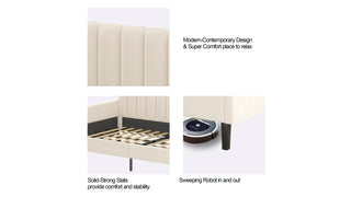 Sunvega Twin Size Beige Velvet Upholstered Daybed with Ribbed Tufted Backrest