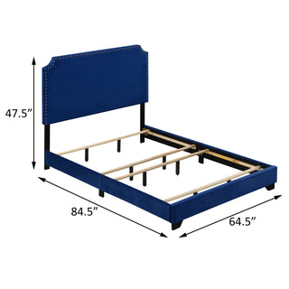 Sunvega Blue Queen Panel Bed with Scooped Headboard and Upholstered Footboard