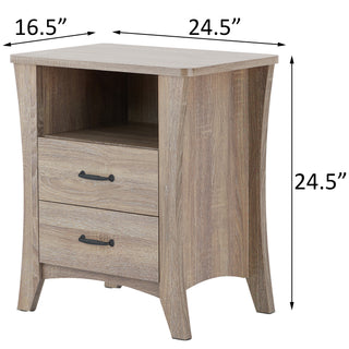 Sunvega Rustic Natural Nightstand with Two Drawers and One Open Storage Shelf