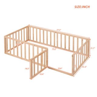 Sunvega Twin Size Wood Floor Bed Frame with Fence and Door in Walnut Finish