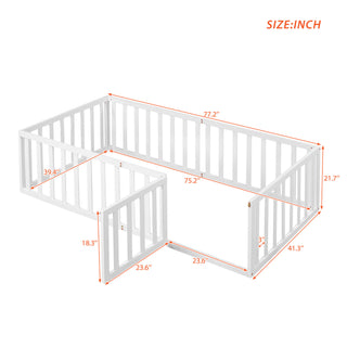 Sunvega Twin Size Wood Floor Bed Frame with Fence and Door in Walnut Finish