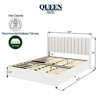 Sunvega Queen Size Ivory Boucle Upholstered Platform Bed with 4 Storage Drawers