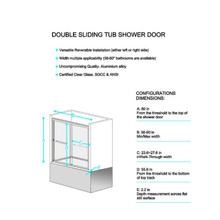 Sunvega 56-60"W x 60"H Frameless Double Sliding Tub Shower Door with Matte Black Finish
