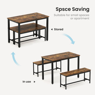 Sunvega Industrial Natural and White Dining Table Set with 2 Benches for Kitchen