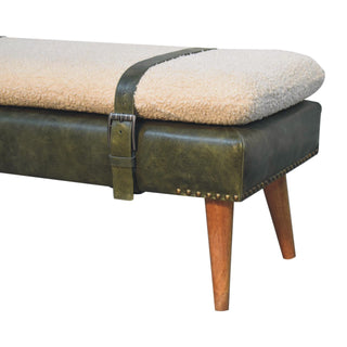 Sunvega Olive Green Buffalo Hide Leather Bouclé Bench with Solid Wood Nordic Legs