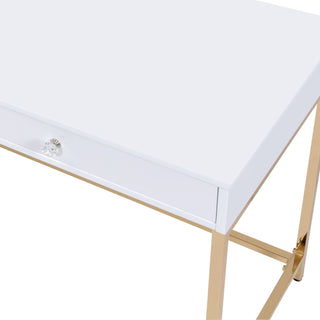 Sunvega White High Gloss Gold Finish Contemporary Vanity Desk with 2 Storage Drawers