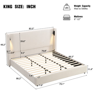 Sunvega King Size Upholstered Bed Frame with High Wingback Headboard and Reading Lamp