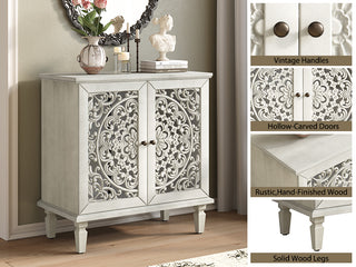 Sunvega Antique Green Buffet Cabinet with Floral Carvings and Solid Wood Legs for Living Room