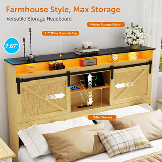 Sunvega Farmhouse Full Size Bed Frame with Storage Headboard, Drawers, Charging Station & LED Lights