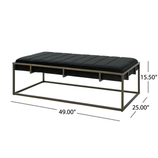 Sunvega Modern Velvet Ottoman Bench with Plush Channel Pleating and Brass Finish