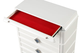 Sunvega Modern White Wood Chest with Crystal Accents and Hidden Jewelry Drawer